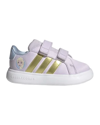 Pantofi sport Grand Court din piele ecologica cu velcro si imprimeu desene animate, Auriu/Lila