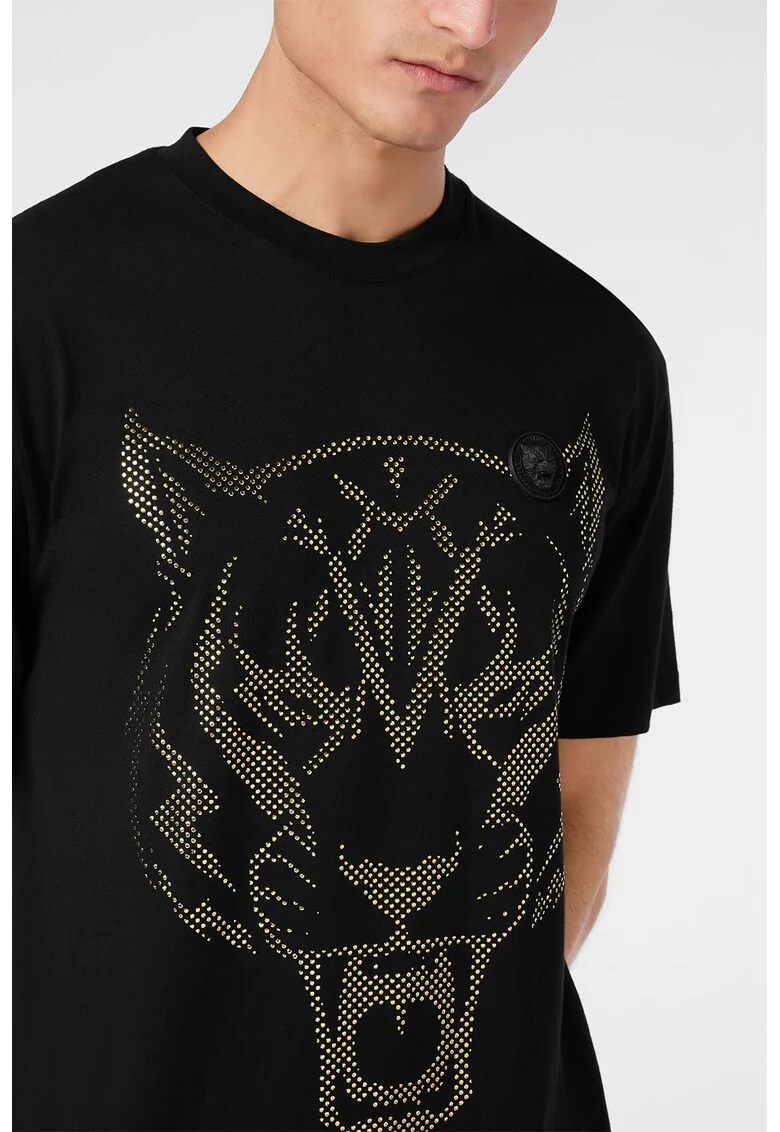 Tricou de bumbac cu strasuri, Auriu/Negru