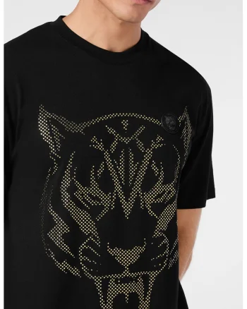Tricou de bumbac cu strasuri, Auriu/Negru