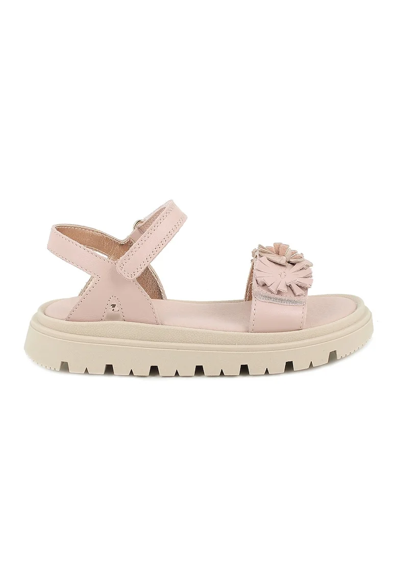 Sandale din piele cu aplicatii cu model floral, Roz pal