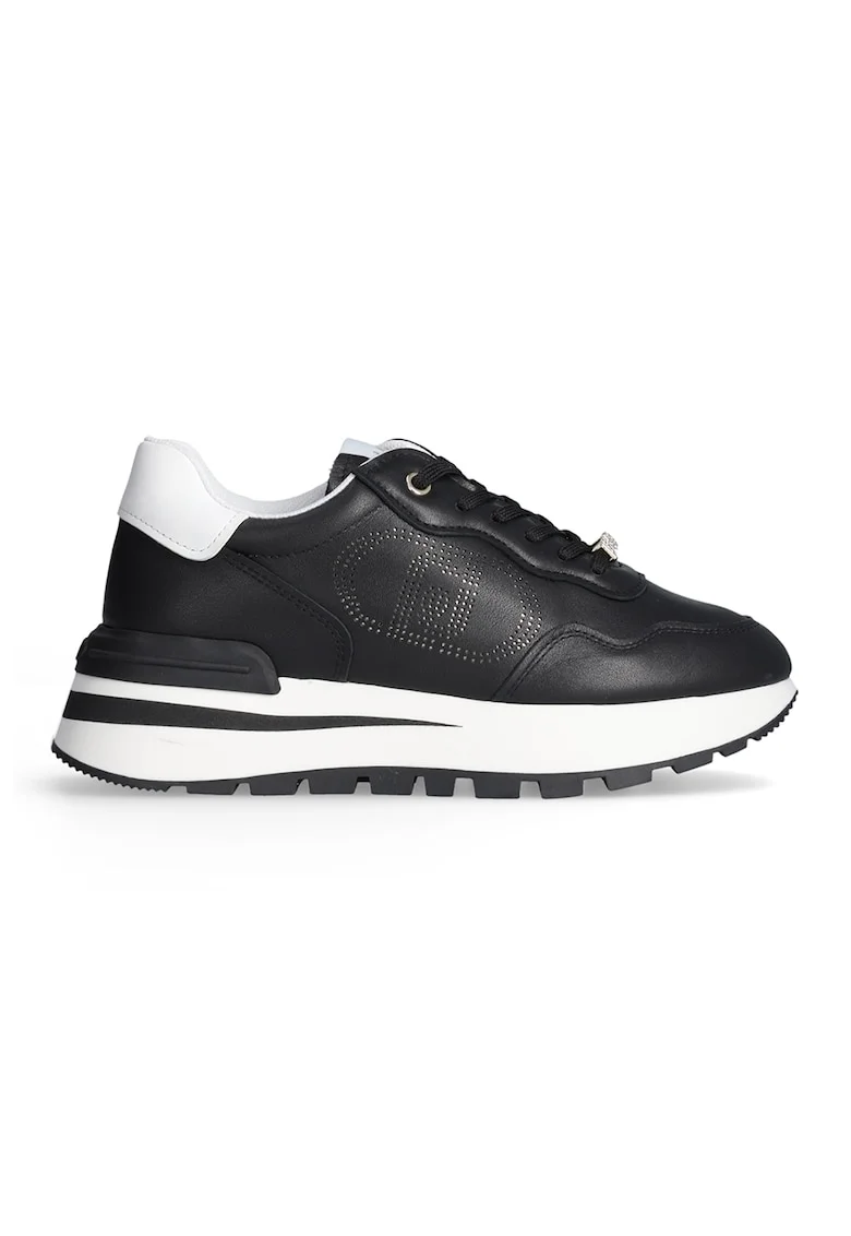 Pantofi sport din piele cu sireturi si platforma, Negru