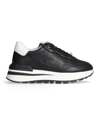Pantofi sport din piele cu sireturi si platforma, Negru