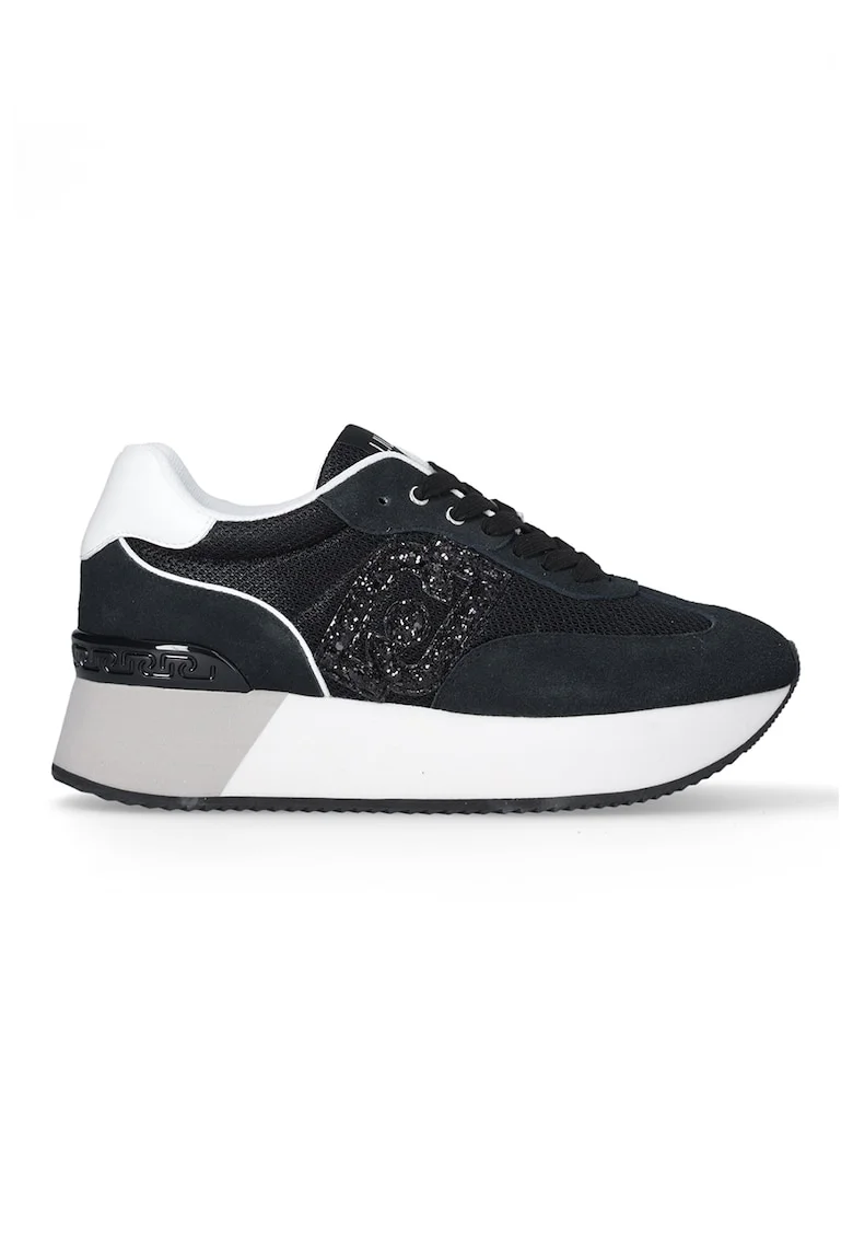 Pantofi sport din piele cu sireturi si platforma, Negru