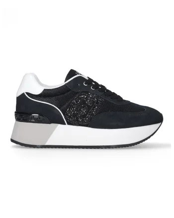 Pantofi sport din piele cu sireturi si platforma, Negru