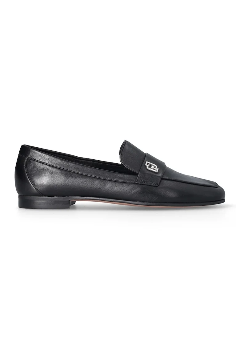Pantofi loafer de piele cu logo, Negru/Argintiu