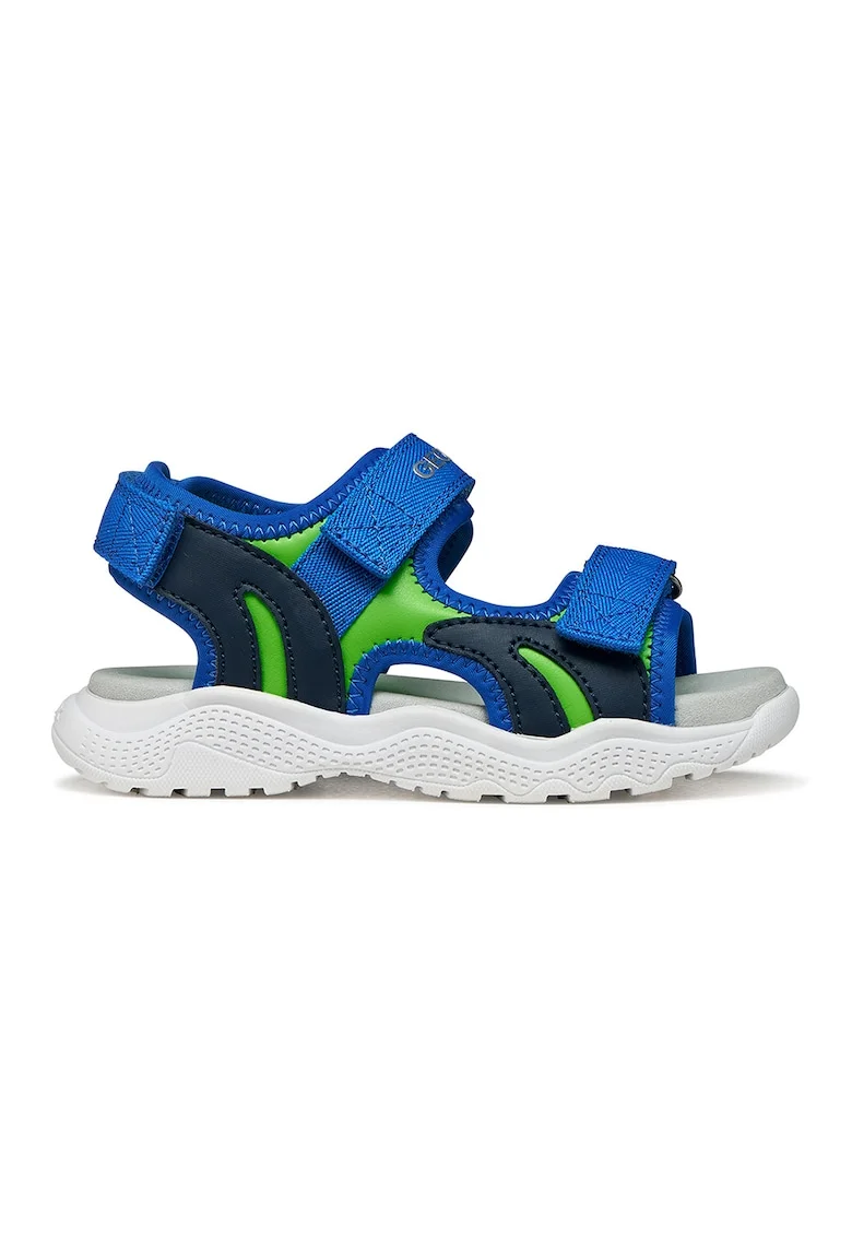 Sandale cu logo si velcro, Verde/Albastru royal