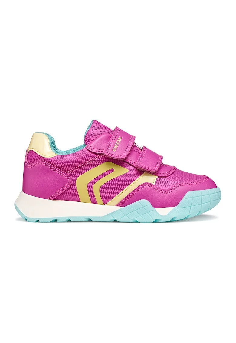 Pantofi sport din piele ecologica cu insertie din material textil si velcro, Galben/Fucsia