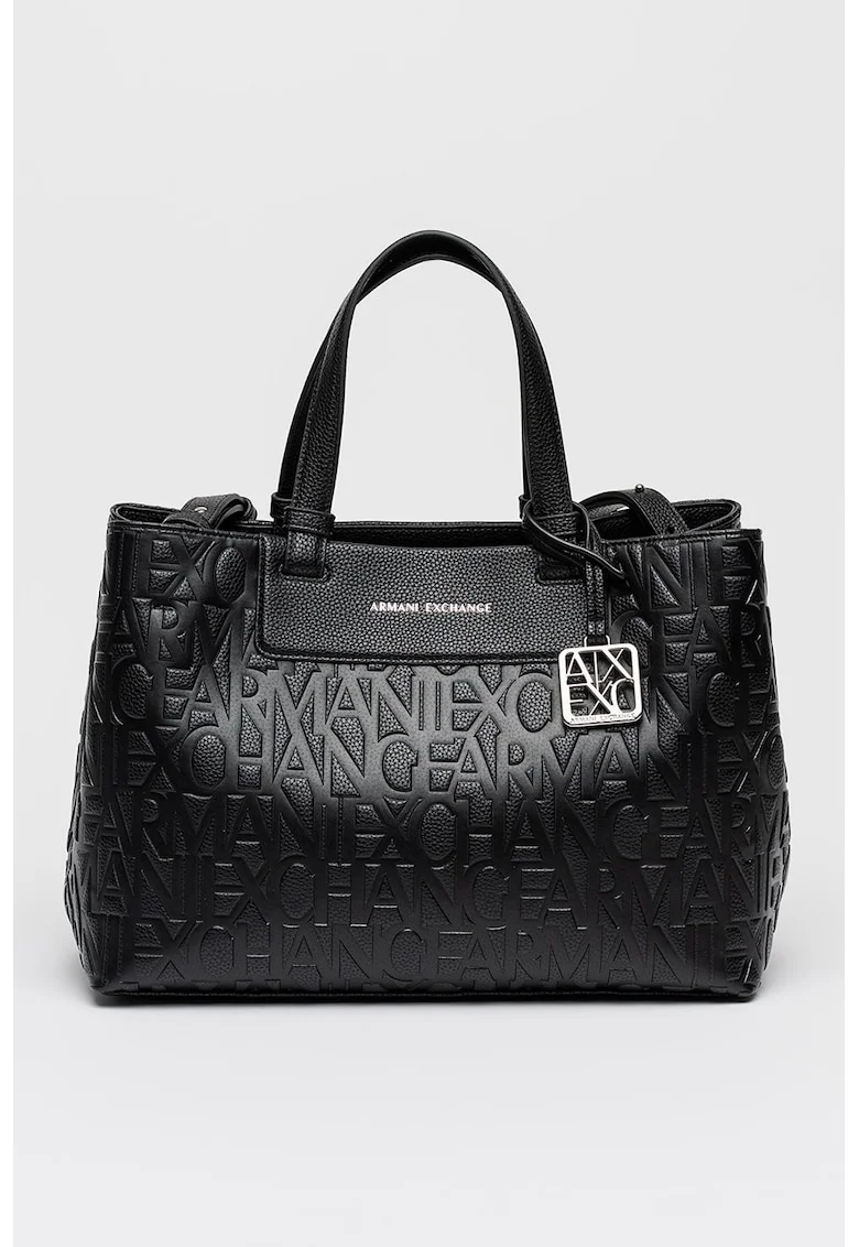 Geanta tote de piele ecologica cu logo stantat, Negru