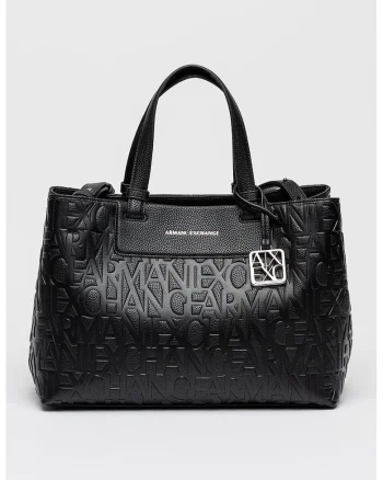 Geanta tote de piele ecologica cu logo stantat, Negru