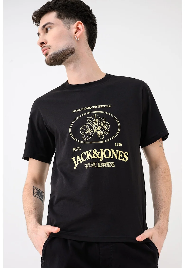 Tricou de bumbac organic cu imprimeu logo Jornantucket, Negru/Galben pastel