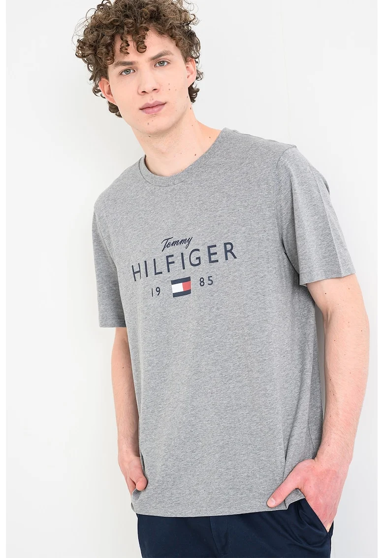 Tricou regular fit cu imprimeu logo, Gri melange