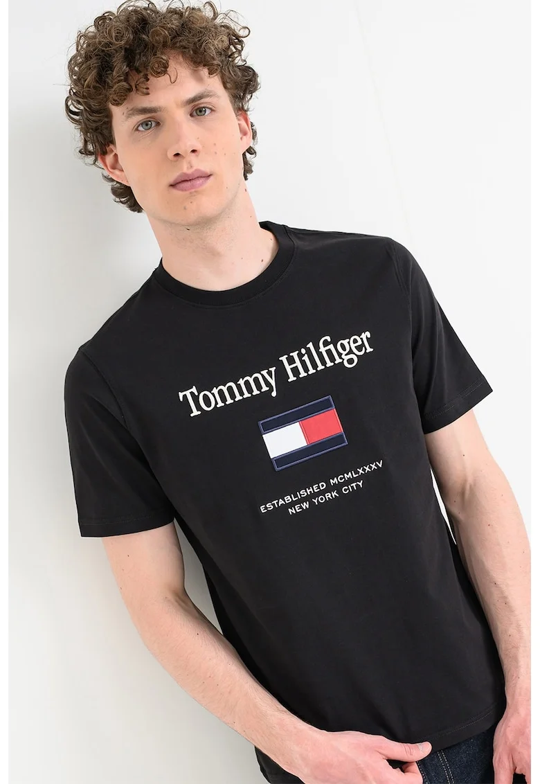 Tricou de bumbac cu logo brodat, Negru