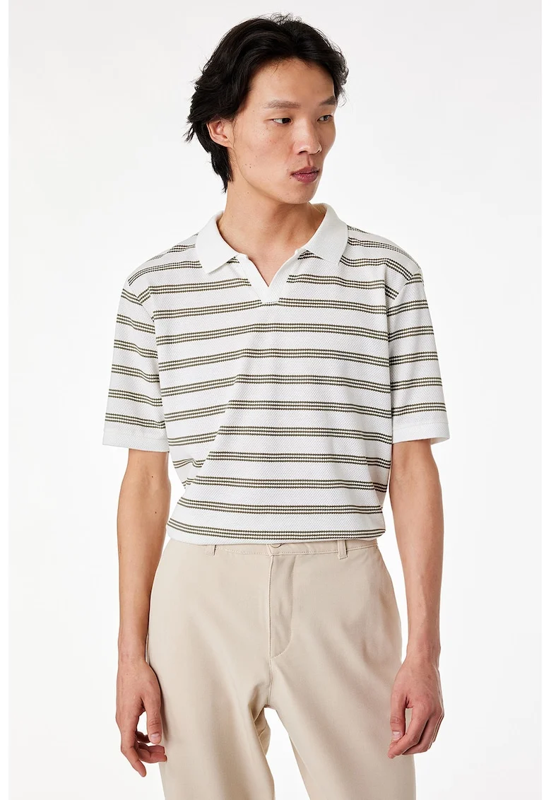 Tricou polo in dungi, Alb/Kaki