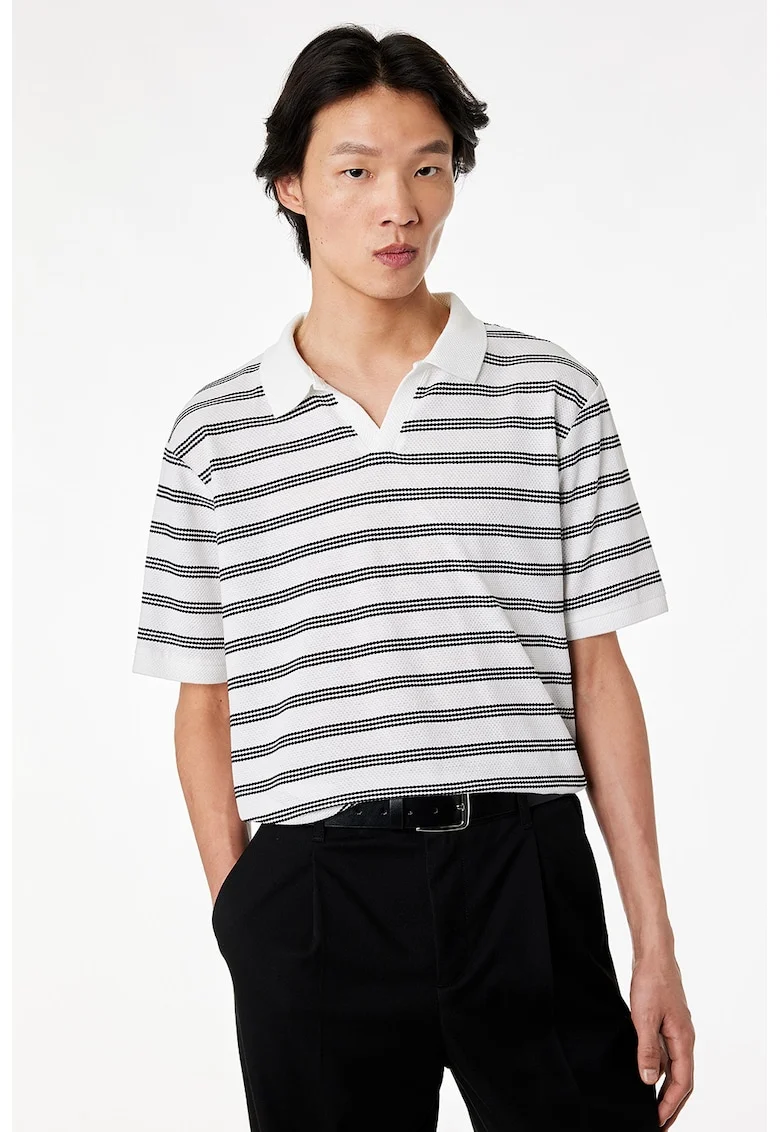 Tricou polo in dungi, Alb/Negru