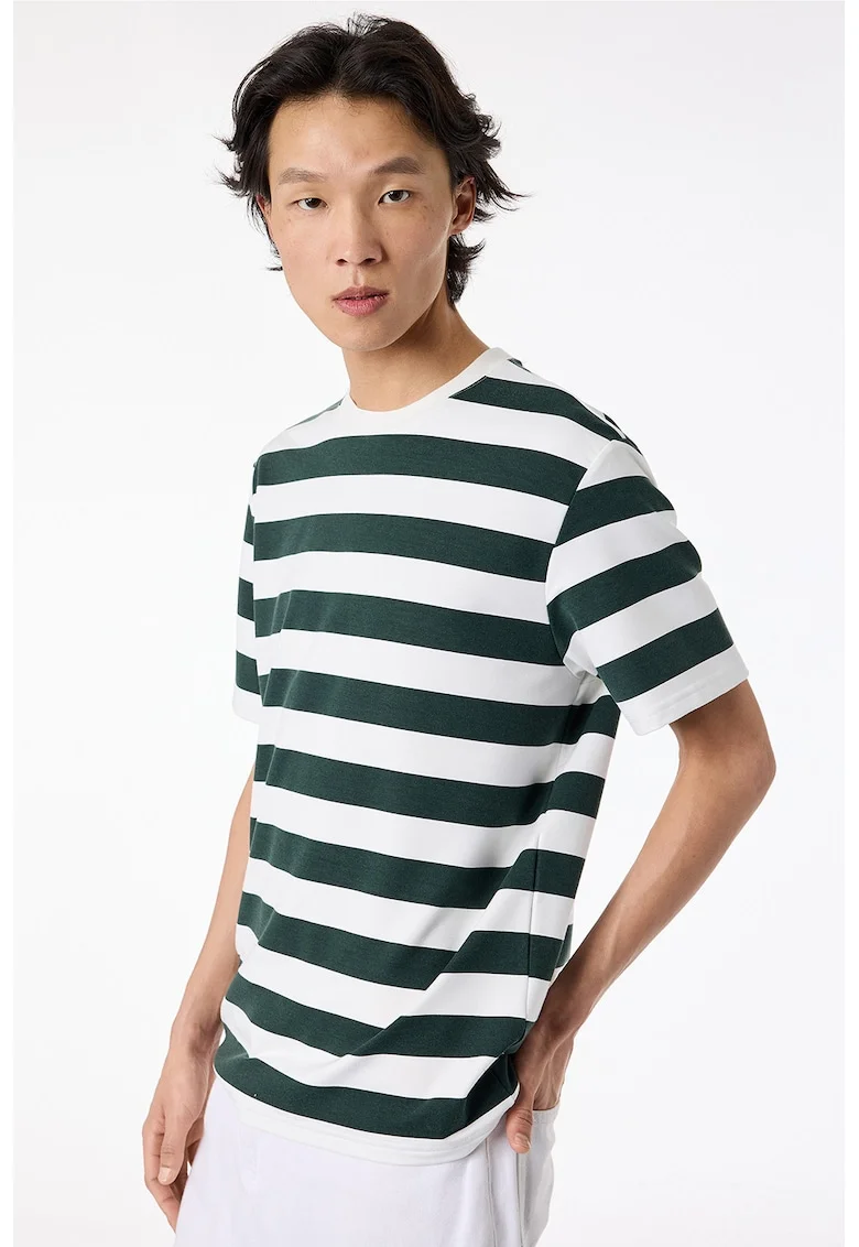Tricou cu decolteu la baza gatului si dungi, Verde englez/Alb optic