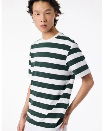 Tricou cu decolteu la baza gatului si dungi, Verde englez/Alb optic
