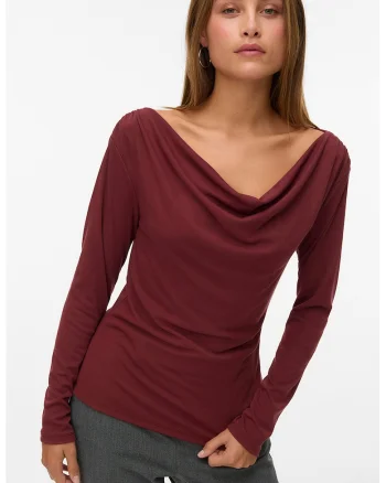 Bluza slim fit cu decolteu drapat, Rosu inchis