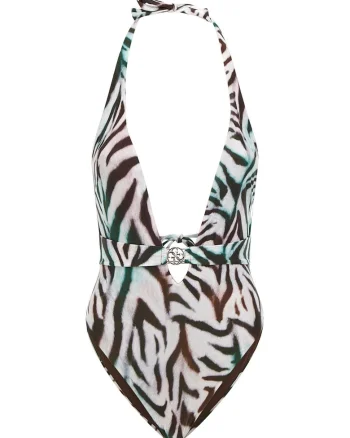 Costum de baie intreg cu animal print, Alb murdar