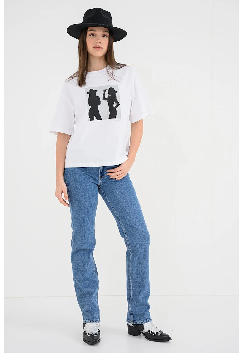 Tricou cu decolteu la baza gatului si imprimeu grafic, Alb optic