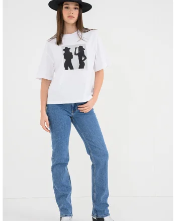 Tricou cu decolteu la baza gatului si imprimeu grafic, Alb optic
