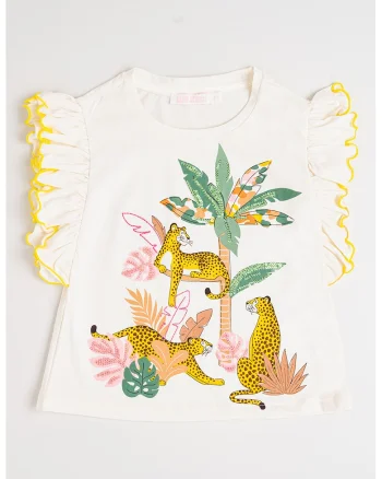 Tricou cu imprimeu grafic si maneci cu volane, Roz deschis/Verde deschis/Alb murdar
