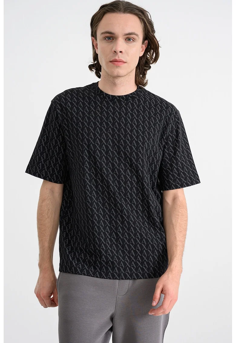 Tricou de bumbac cu model logo, Negru/Gri inchis