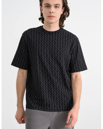 Tricou de bumbac cu model logo, Negru/Gri inchis