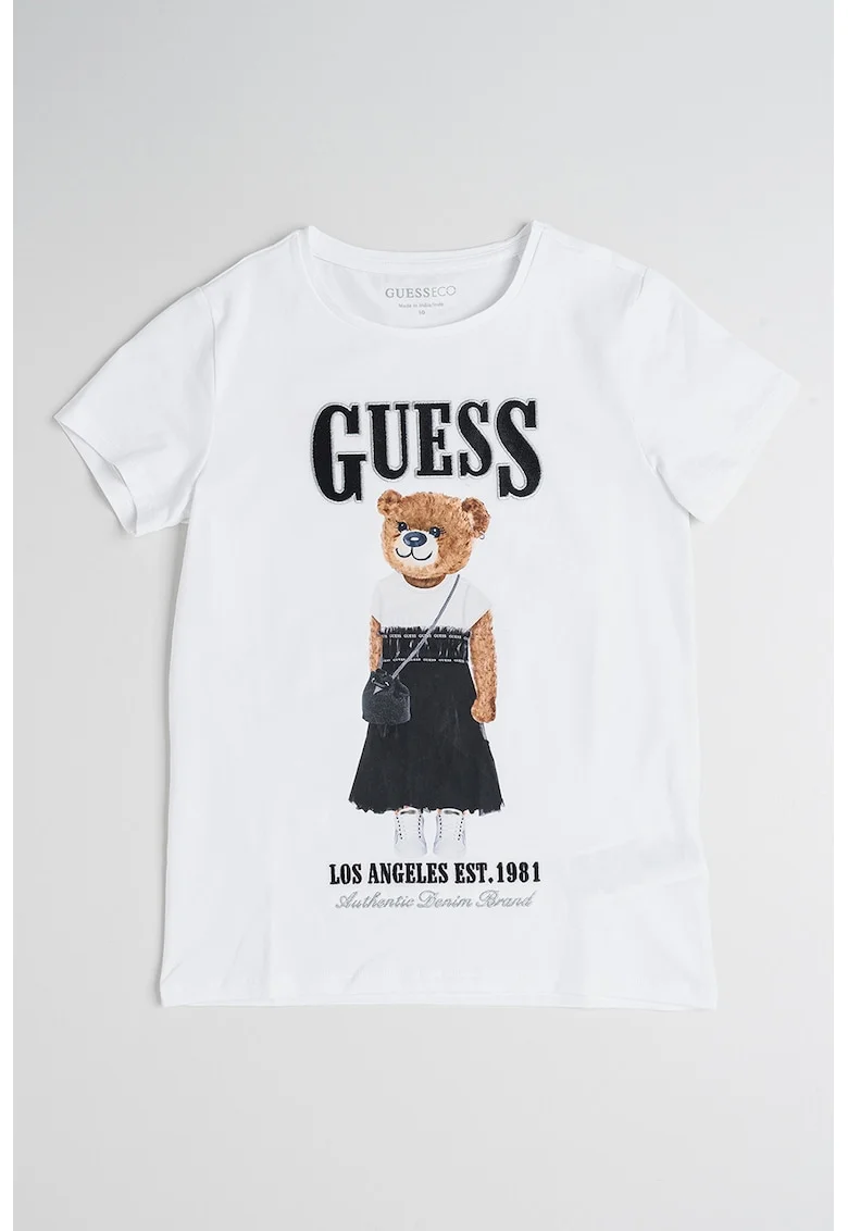 Tricou din amestec de bumbac cu logo si imprimeu grafic, Alb/Negru/Maro