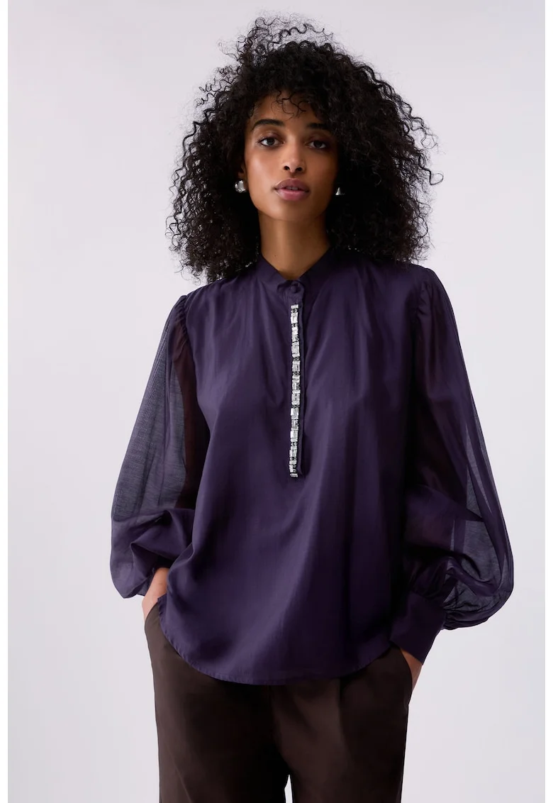 Bluza din amestec de lyocell cu bijuterie brodata, Violet aubergine