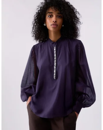 Bluza din amestec de lyocell cu bijuterie brodata, Violet aubergine