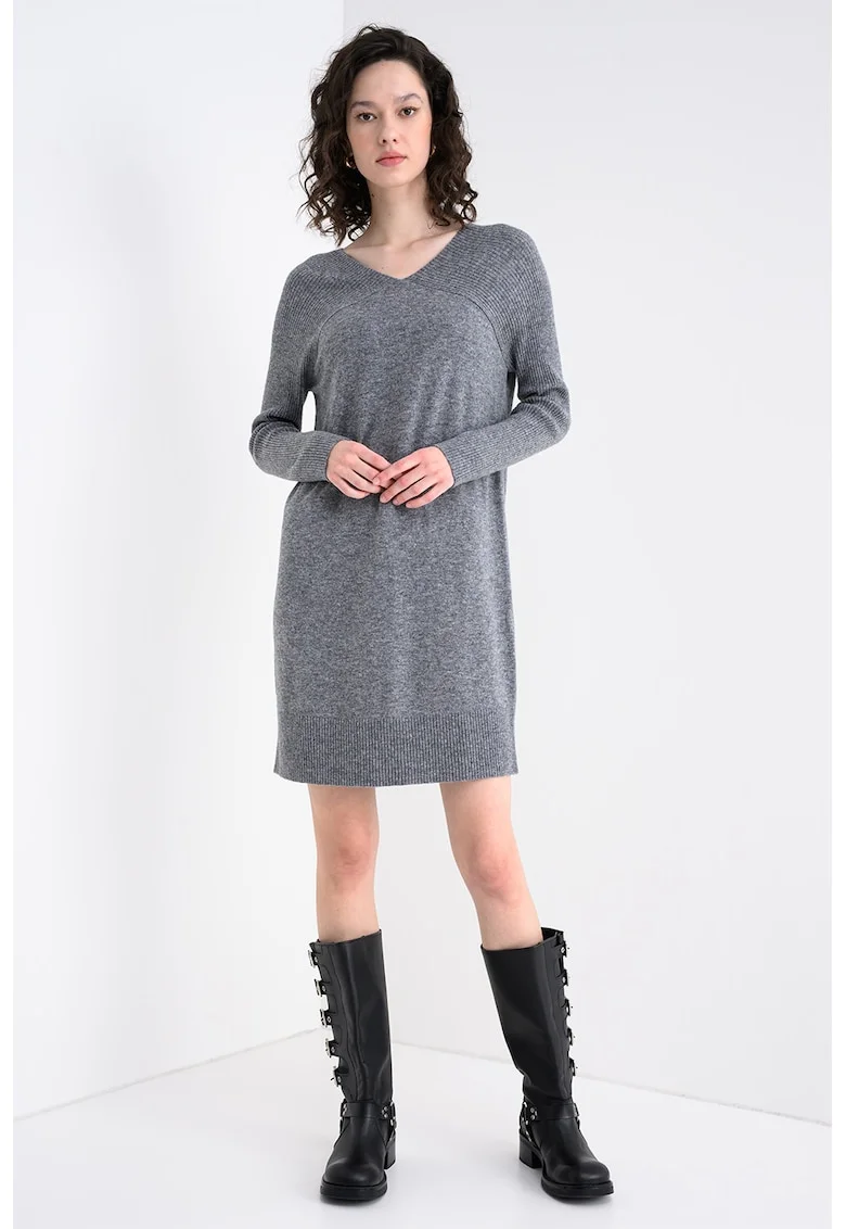 Rochie midi din amestec de lana cu decolteu in V, Gri melange