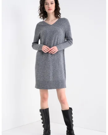 Rochie midi din amestec de lana cu decolteu in V, Gri melange