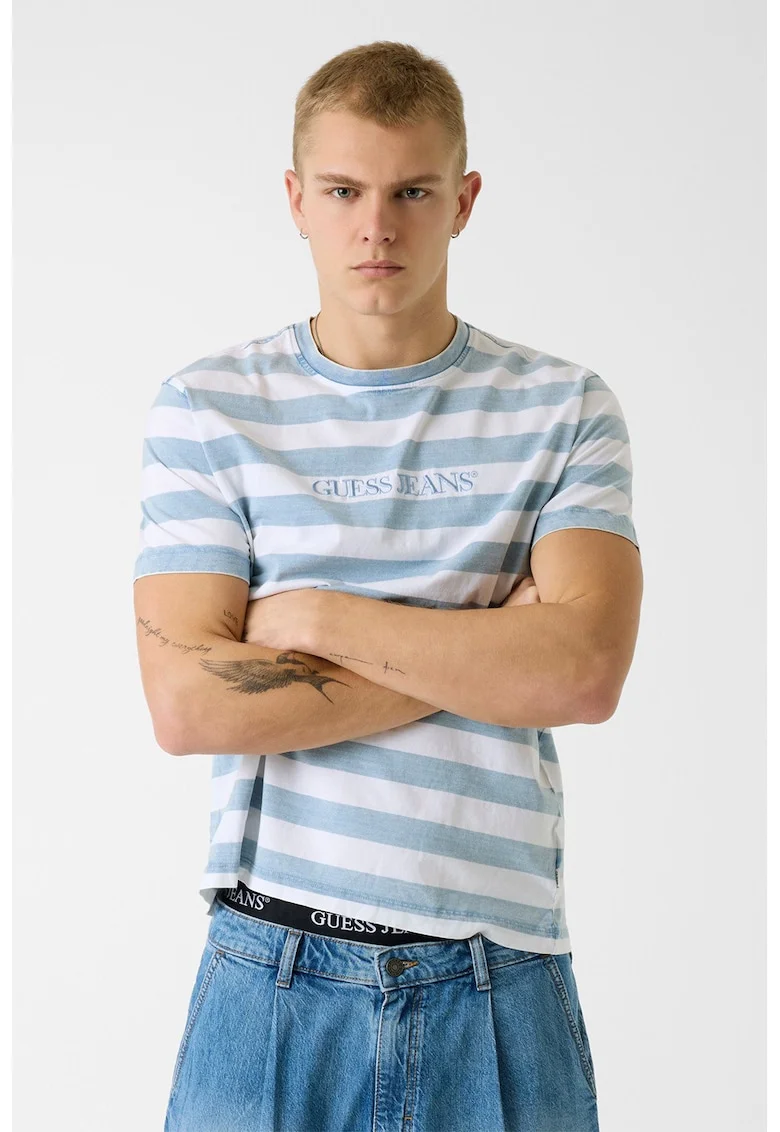 Tricou cu model in dungi si broderie logo, Alb/Albastru