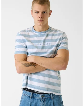 Tricou cu model in dungi si broderie logo, Alb/Albastru