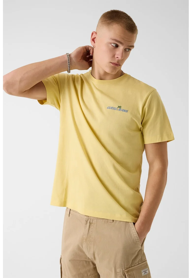 Tricou din bumbac cu imprimeu logo pe partea din spate, Galben