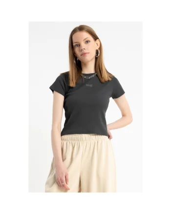 Tricou crop cu decolteu rotund, Gri