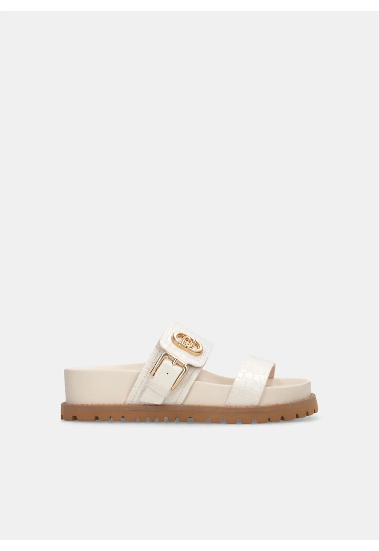 Papuci cu model piele de crocodil si catarama, Alb/Gri