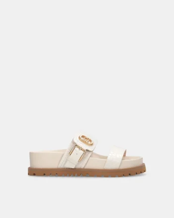 Papuci cu model piele de crocodil si catarama, Alb/Gri