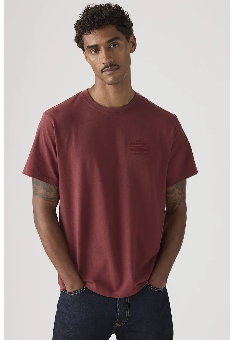 Tricou de bumbac cu decolteu rotund, Rosu inchis