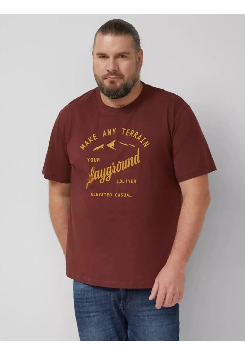 Big Sizes Tricou barbati big sizes, cu decolteu la baza gatului si imprimeu cu text, Rosu inchis, Rosu inchis