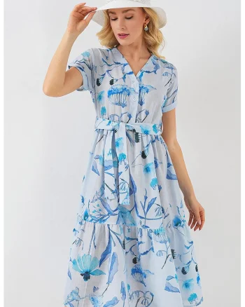 Rochie midi in si viscoza si in, Albastru, Albastru