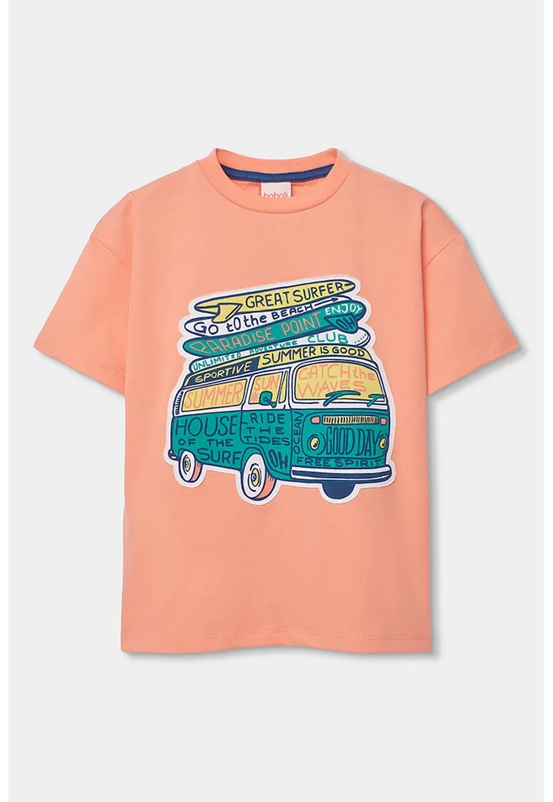 Tricou cu decolteu la baza gatului si imprimeu, Roz somon