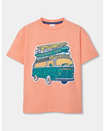 Tricou cu decolteu la baza gatului si imprimeu, Roz somon