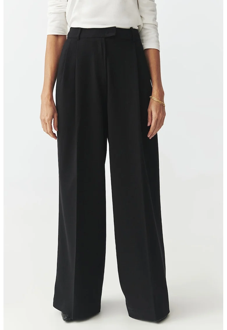 Pantaloni cu croiala ampla si talie inalta, Negru stins