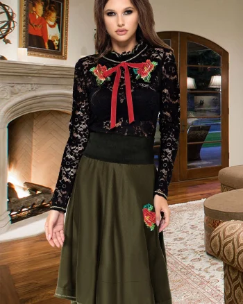 Fusta midi cu broderie florala traditionala