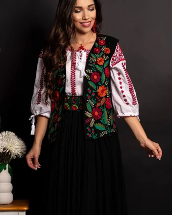 Vesta traditionala dama Florenta neagra cu broderie florala bogata