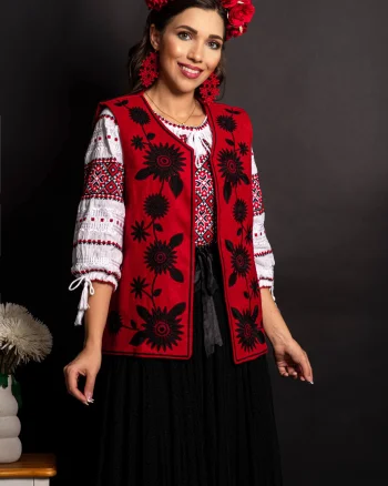 Vesta traditionala rosie Tania cu margarete brodate
