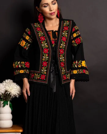 Vesta dama traditionala Bianca neagra cu broderie florala bogata