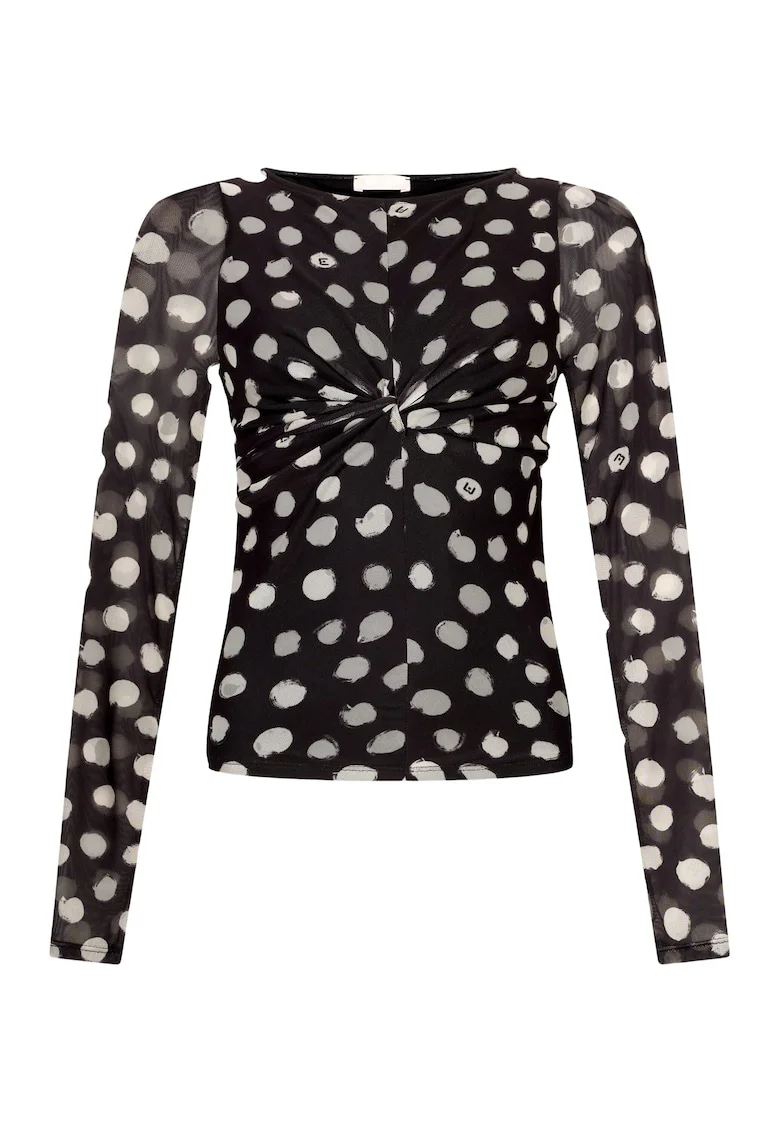 Bluza cu model si detaliu cu fronseu, Alb/Negru