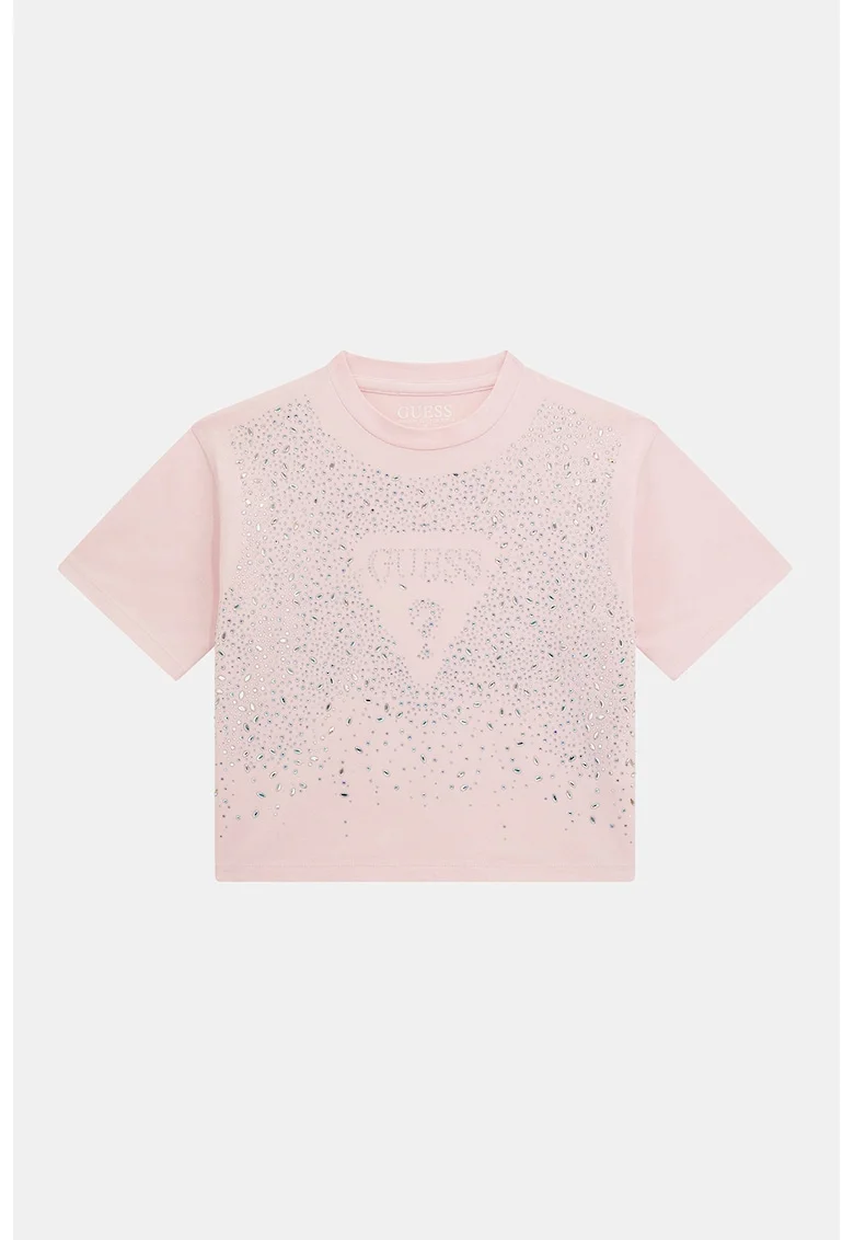 Tricou crop cu logo si strasuri, Roz/Argintiu